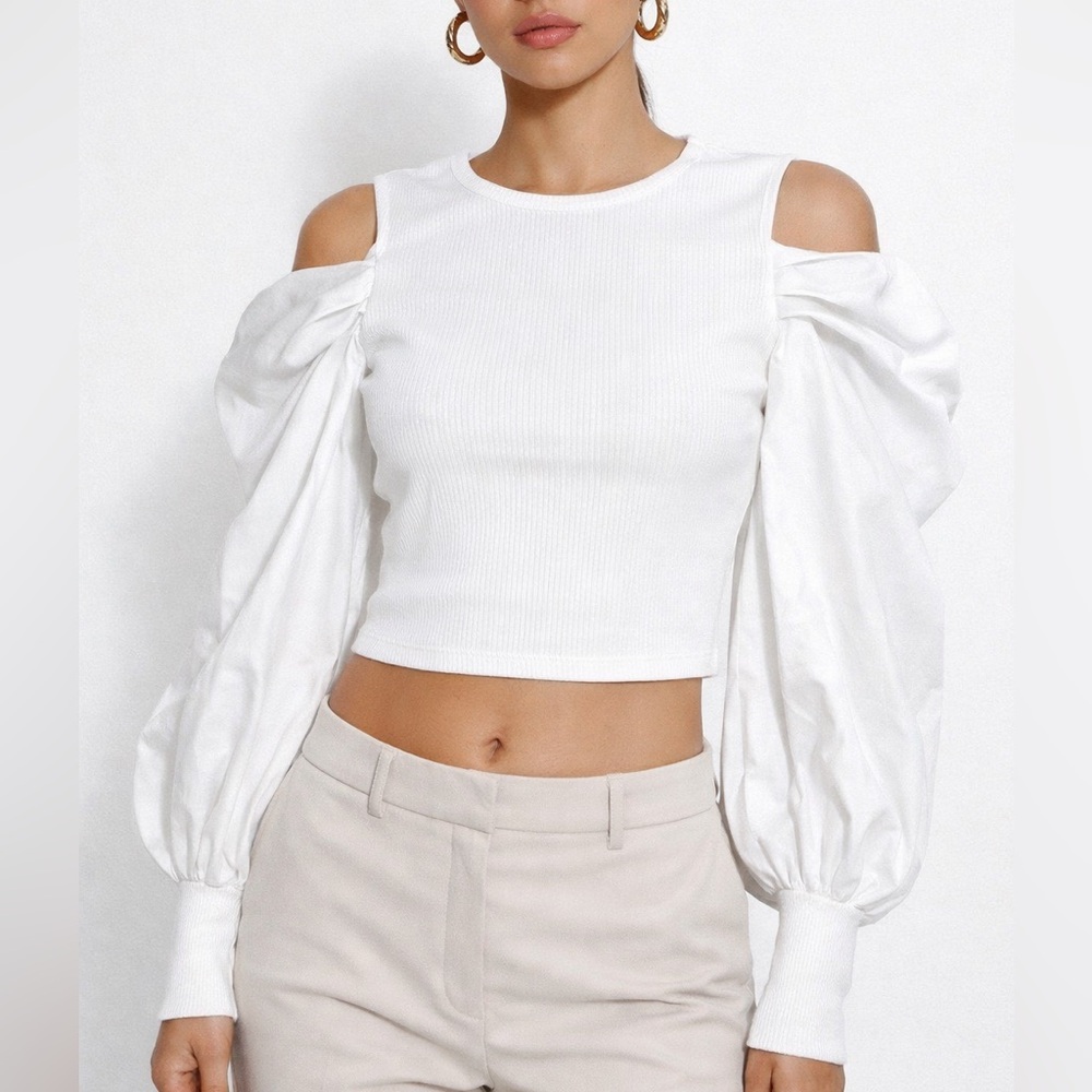 ZARA Ribbed Voluminous Balloon Sleeve Cropped Cold Shoulder Top Size S
